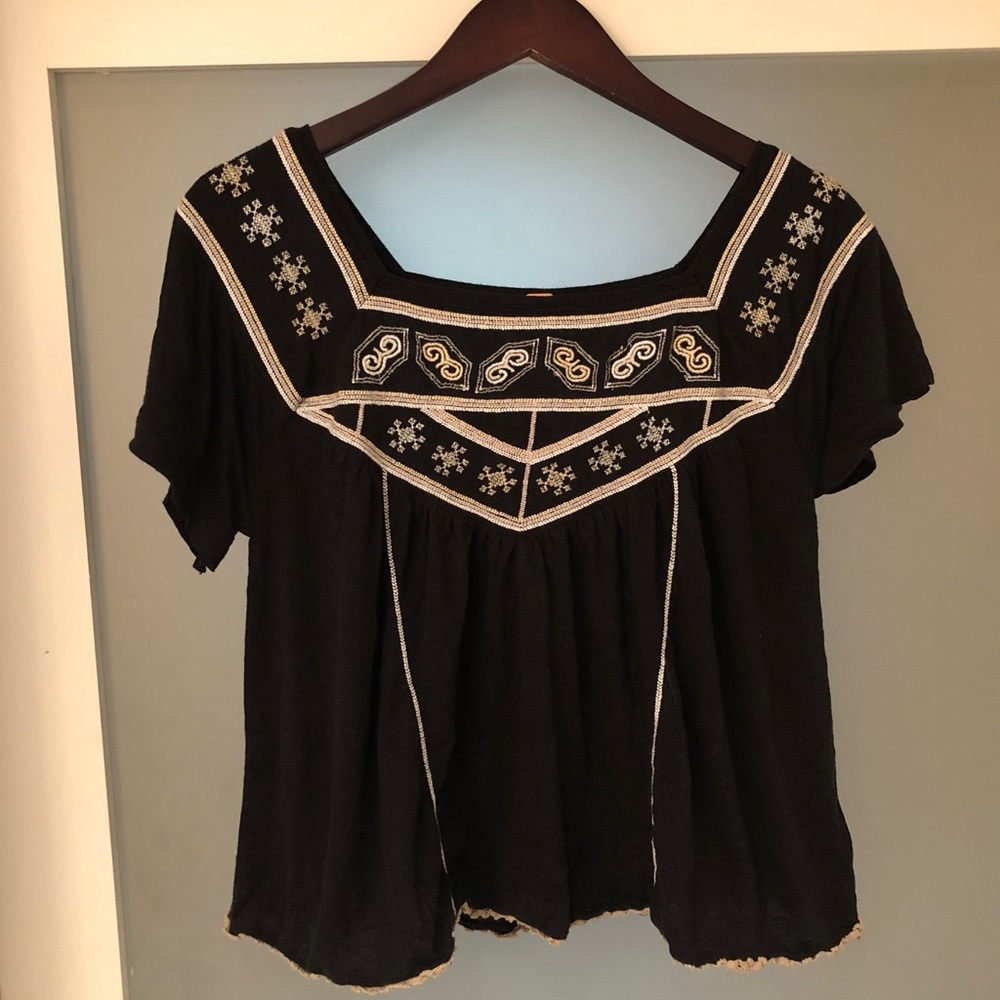 Free People Black Embroidered Tshirt